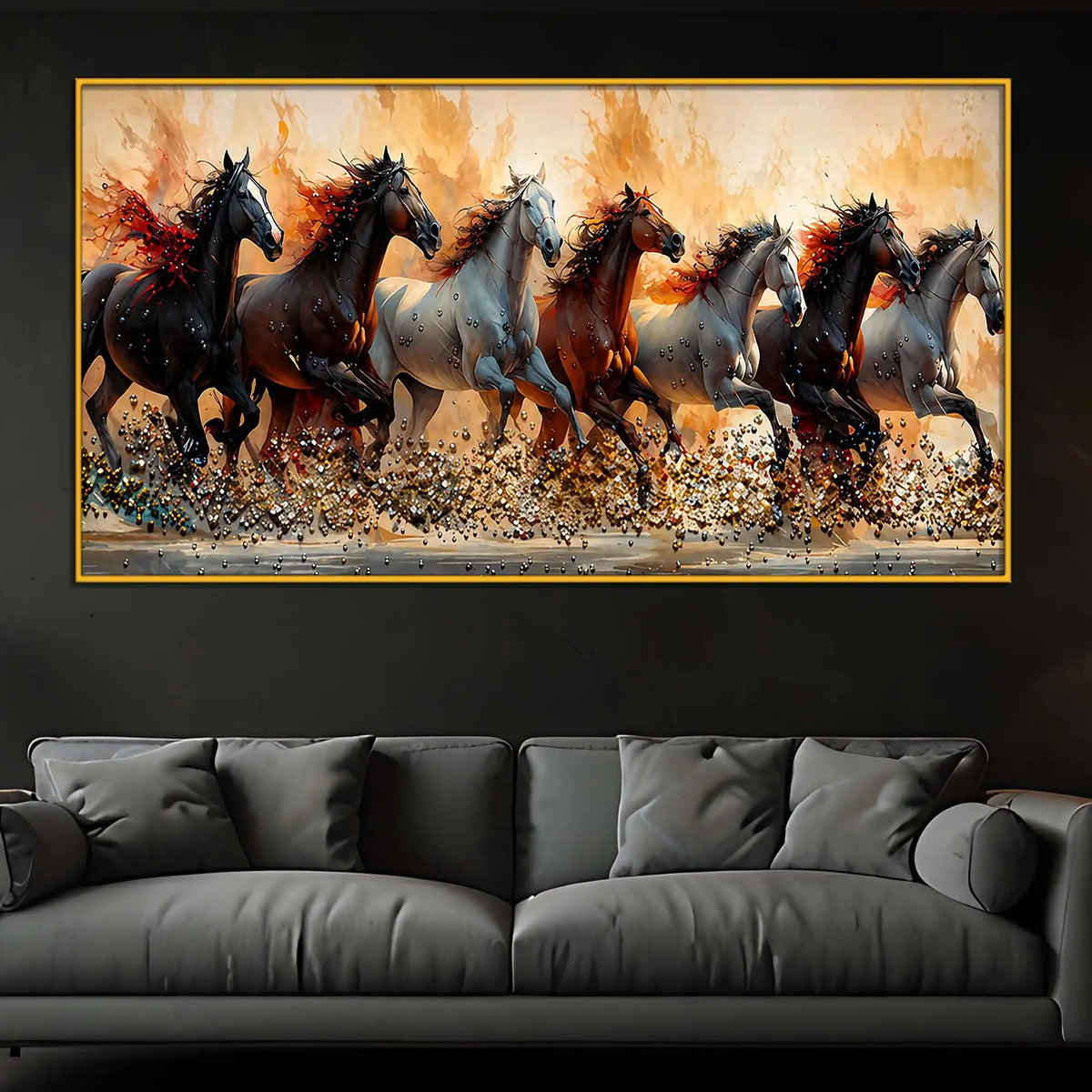 Premium Seven Horses Floating Frame Crystal Wall Art Painting