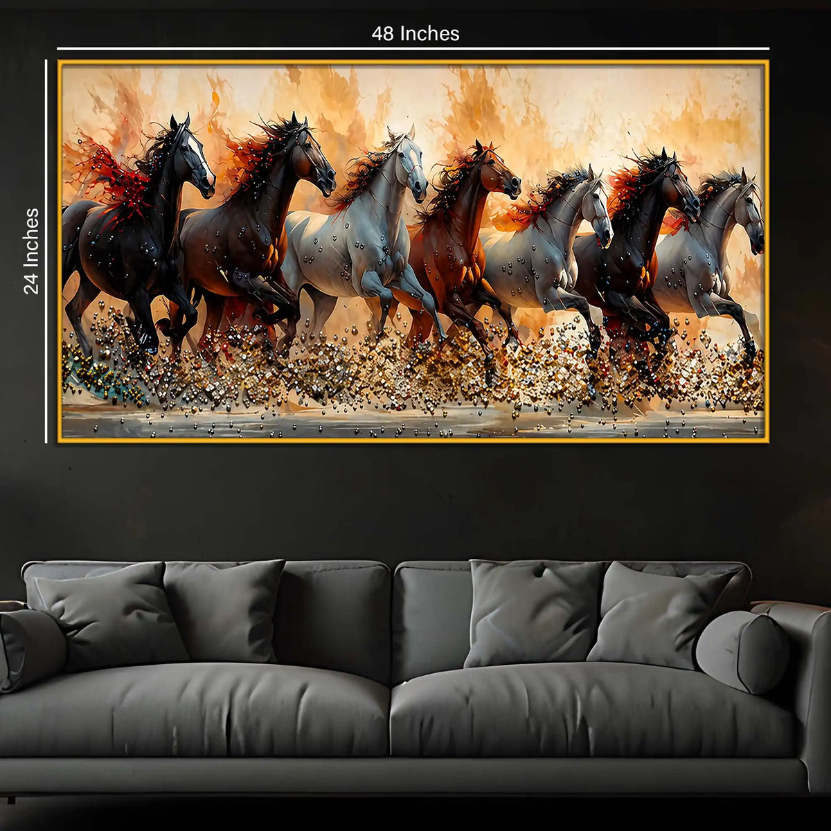 Premium Seven Horses Floating Frame Crystal Wall Art Painting