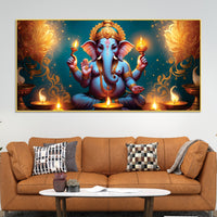 Premium Spiritual Lord Shri Ganesha Sitted with Diyas Devotional Canvas Wall Painting for Home & Offices – Luxury Spiritual Décor