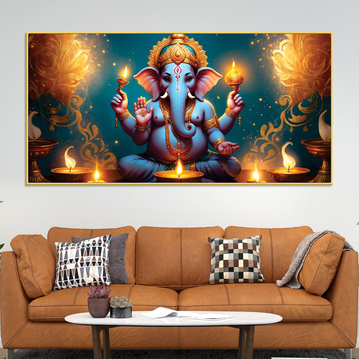 Premium Spiritual Lord Shri Ganesha Sitted with Diyas Devotional Canvas Wall Painting for Home & Offices – Luxury Spiritual Décor
