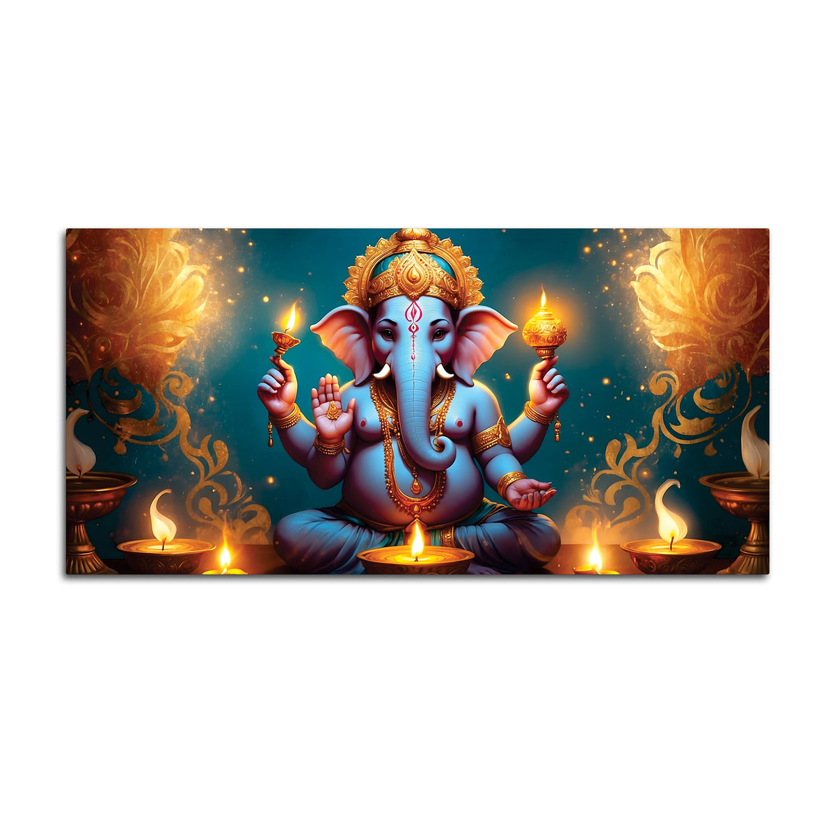 Premium Spiritual Lord Shri Ganesha Sitted with Diyas Devotional Canvas Wall Painting for Home & Offices – Luxury Spiritual Décor