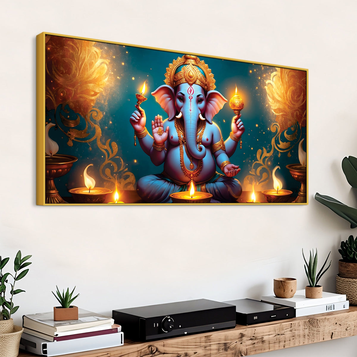 Premium Spiritual Lord Shri Ganesha Sitted with Diyas Devotional Canvas Wall Painting for Home & Offices – Luxury Spiritual Décor