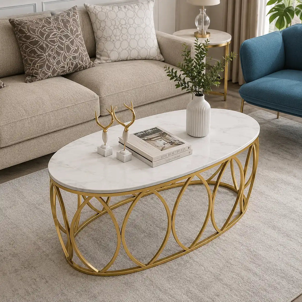 Premium White Centre Table With Golden Base