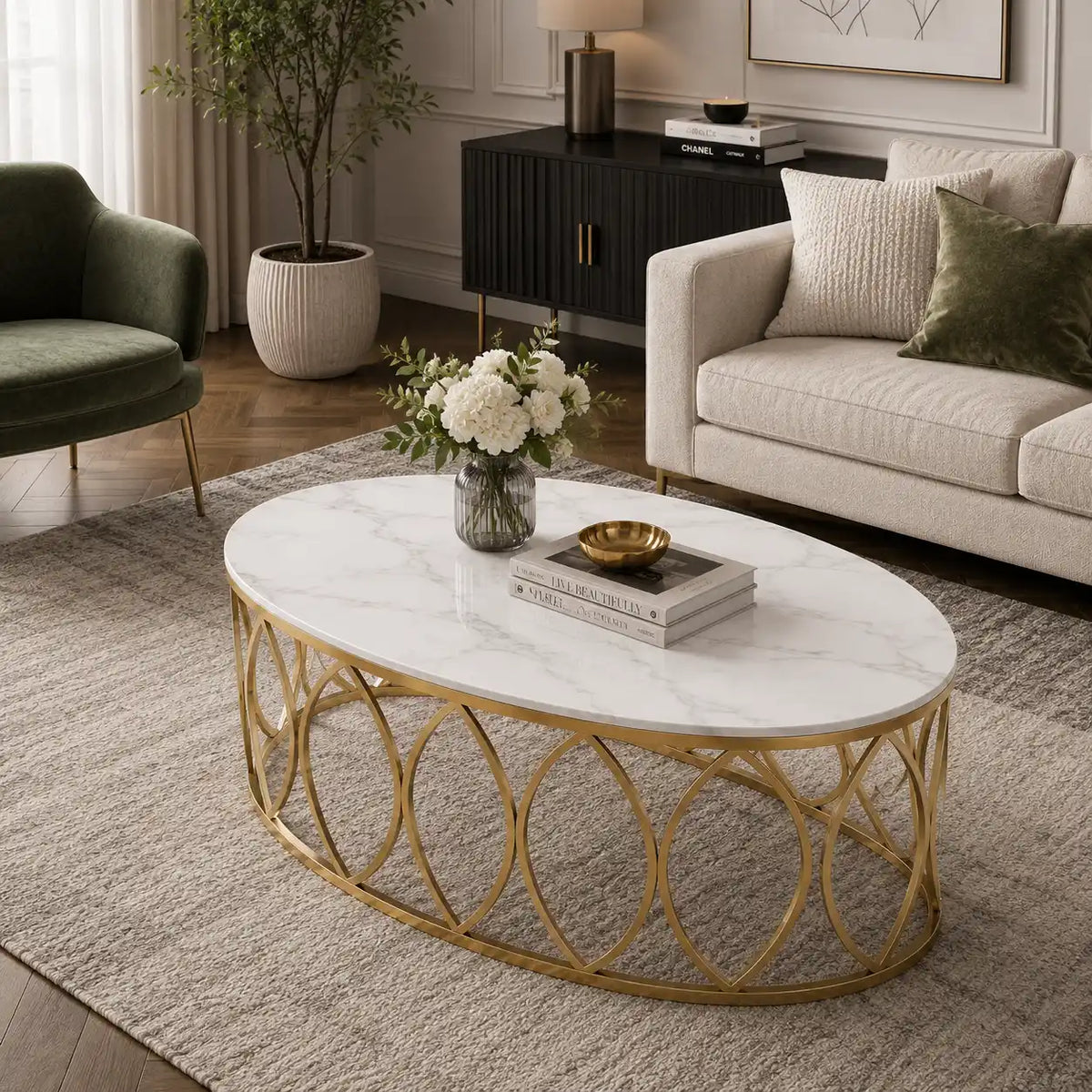 Premium White Centre Table With Golden Base