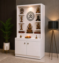 Premium White Finish Wooden Floor Temple with Spacious Storage Cabinet for Home & Office Spaces