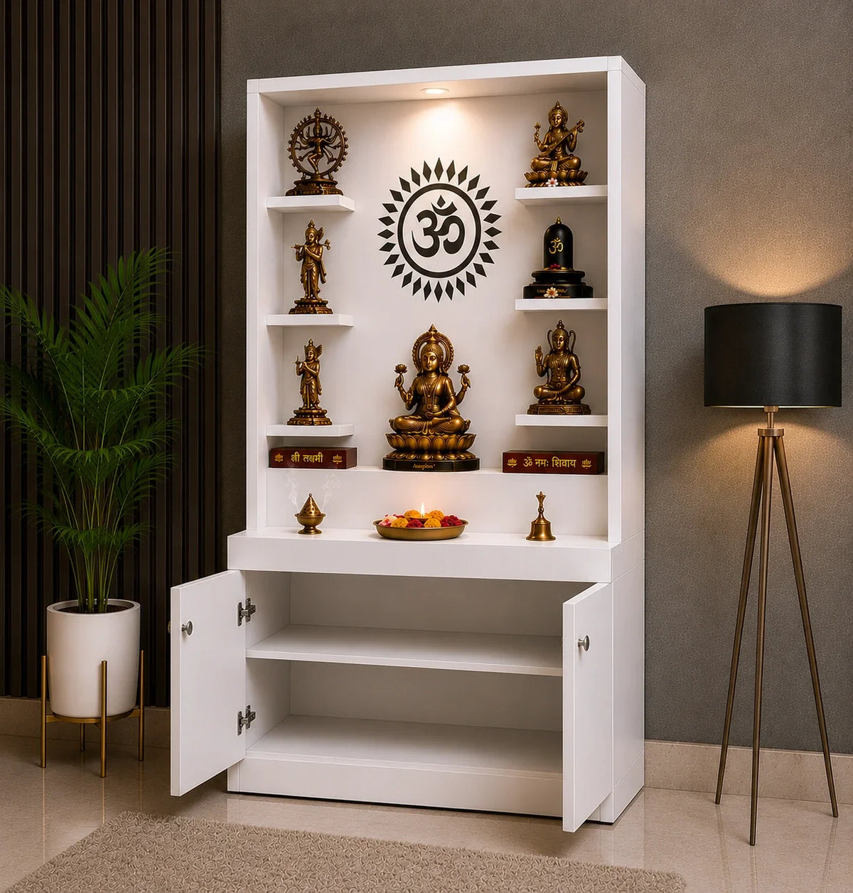 Premium White Finish Wooden Floor Temple with Spacious Storage Cabinet for Home & Office Spaces