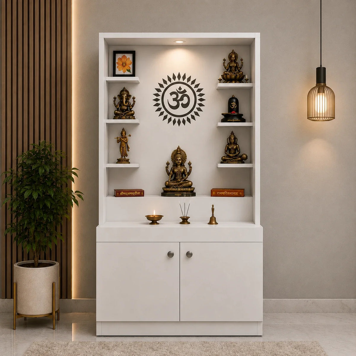 Premium White Finish Wooden Floor Temple with Spacious Storage Cabinet for Home & Office Spaces