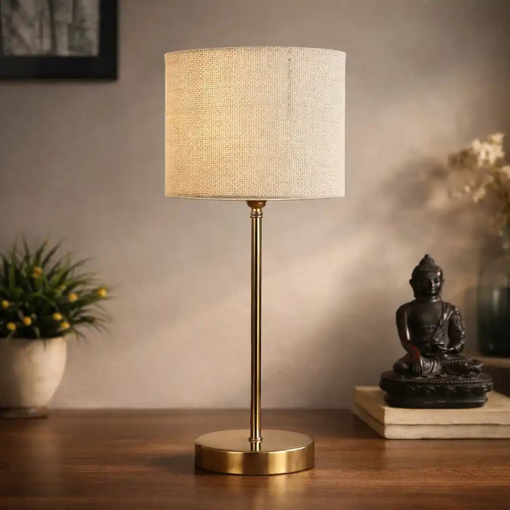 Premium White Jute with Metal Golden Finish Table Lamp