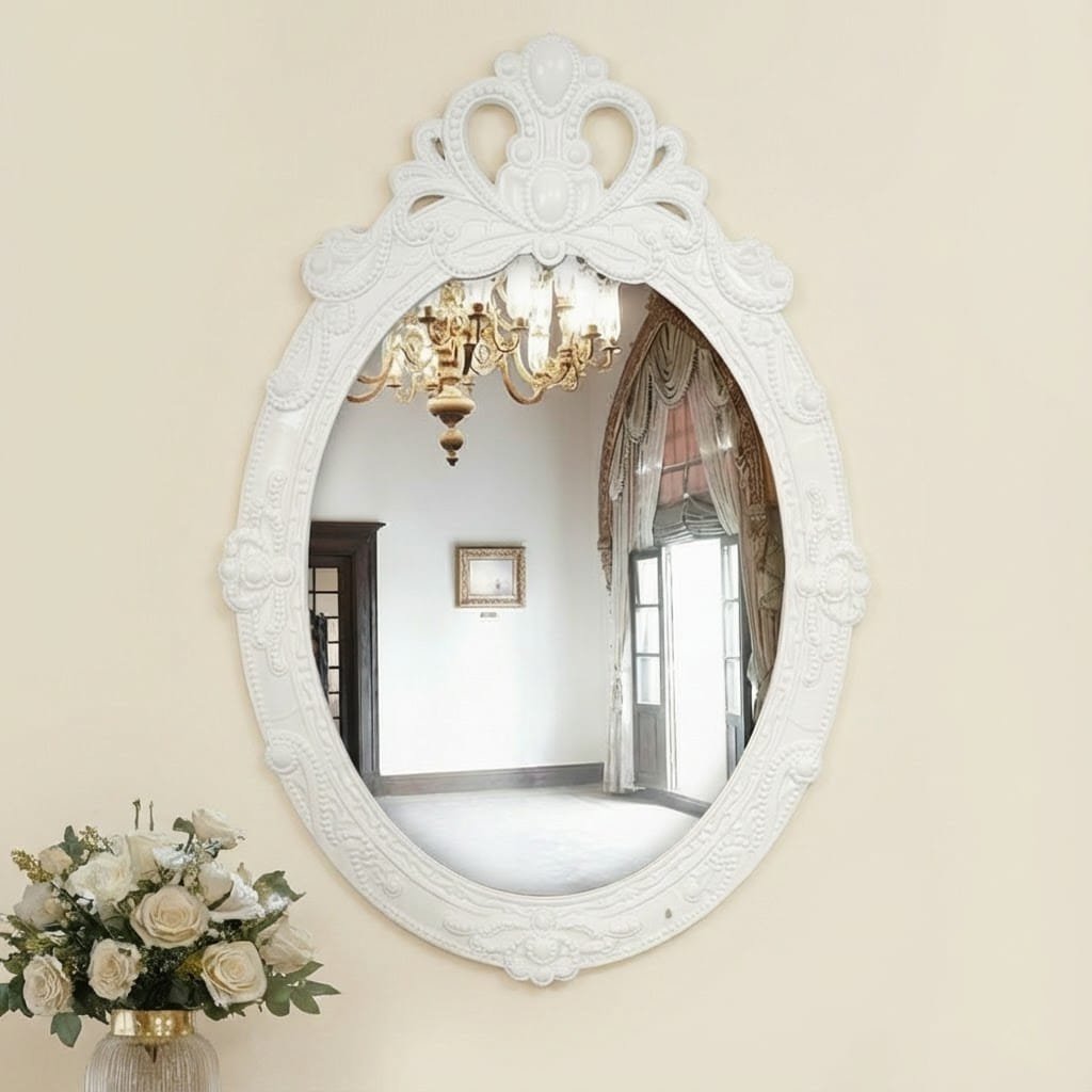 Premium White Oval Wall Mirror with Carved Detailing | Elegant Home Décor