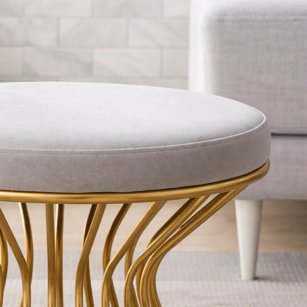 Premium White Velvet Pouffe with Glamorous Gold Detailing