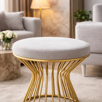 Premium White Velvet Pouffe with Glamorous Gold Detailing