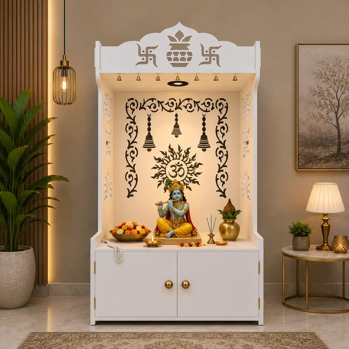 Premium White Wooden Floor Pooja Mandir with Laser-Cut Om Design & Storage Cabinet