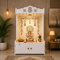Premium White Wooden Floor Pooja Mandir with Laser-Cut Om Design & Storage Cabinet