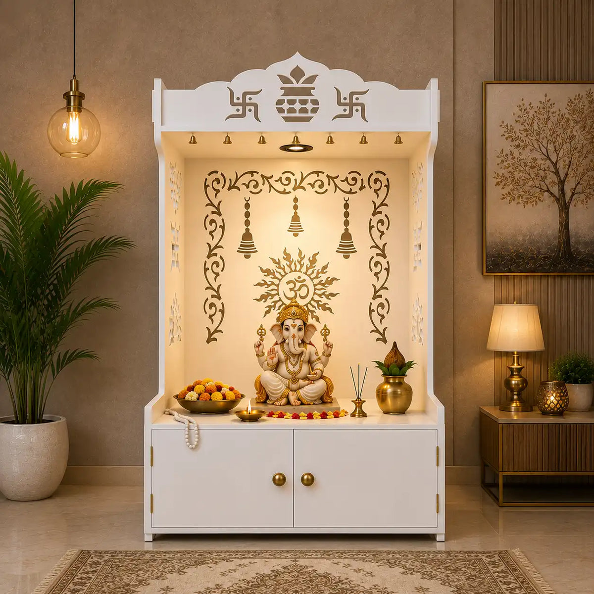 Premium White Wooden Floor Pooja Mandir with Laser-Cut Om Design & Storage Cabinet