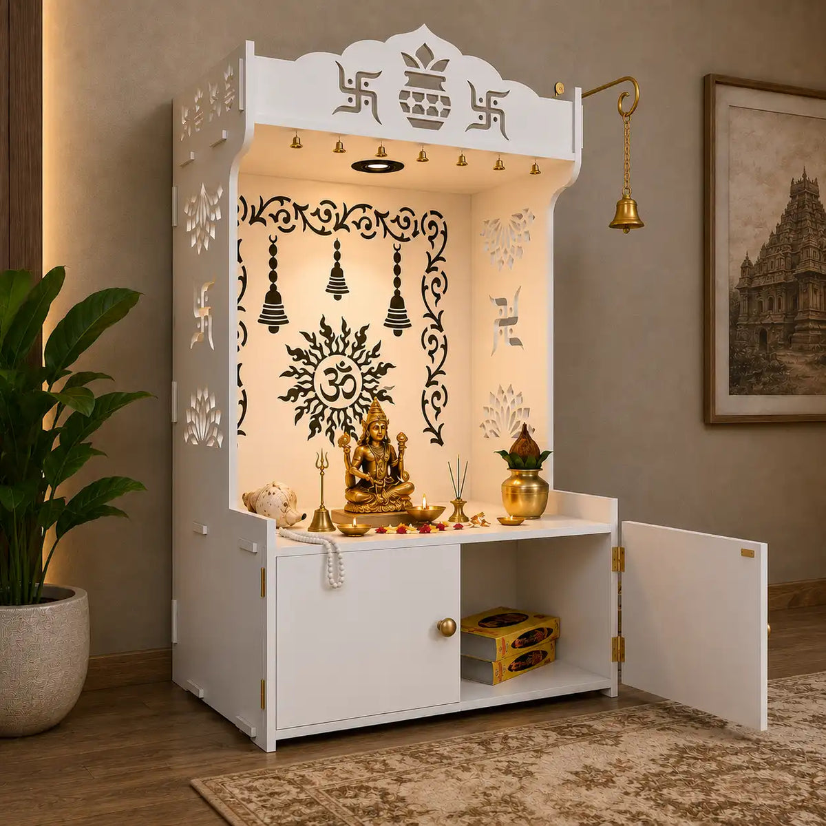 Premium White Wooden Floor Pooja Mandir with Laser-Cut Om Design & Storage Cabinet