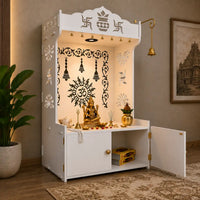 Premium White Wooden Floor Pooja Mandir with Laser-Cut Om Design & Storage Cabinet