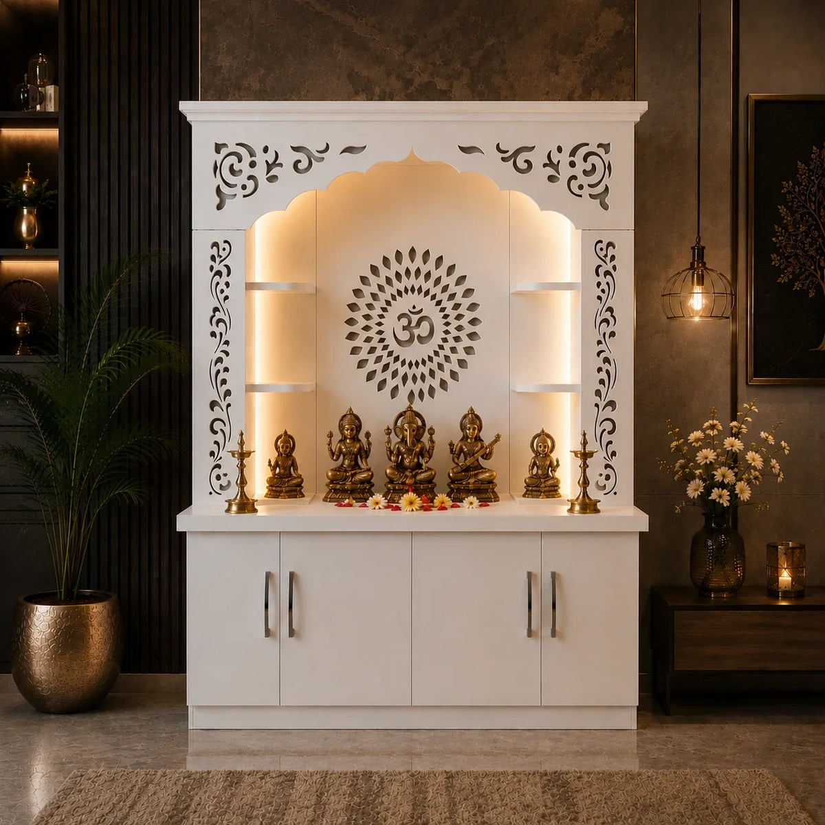 Premium White Wooden Floor Temple with Storage Space for Home