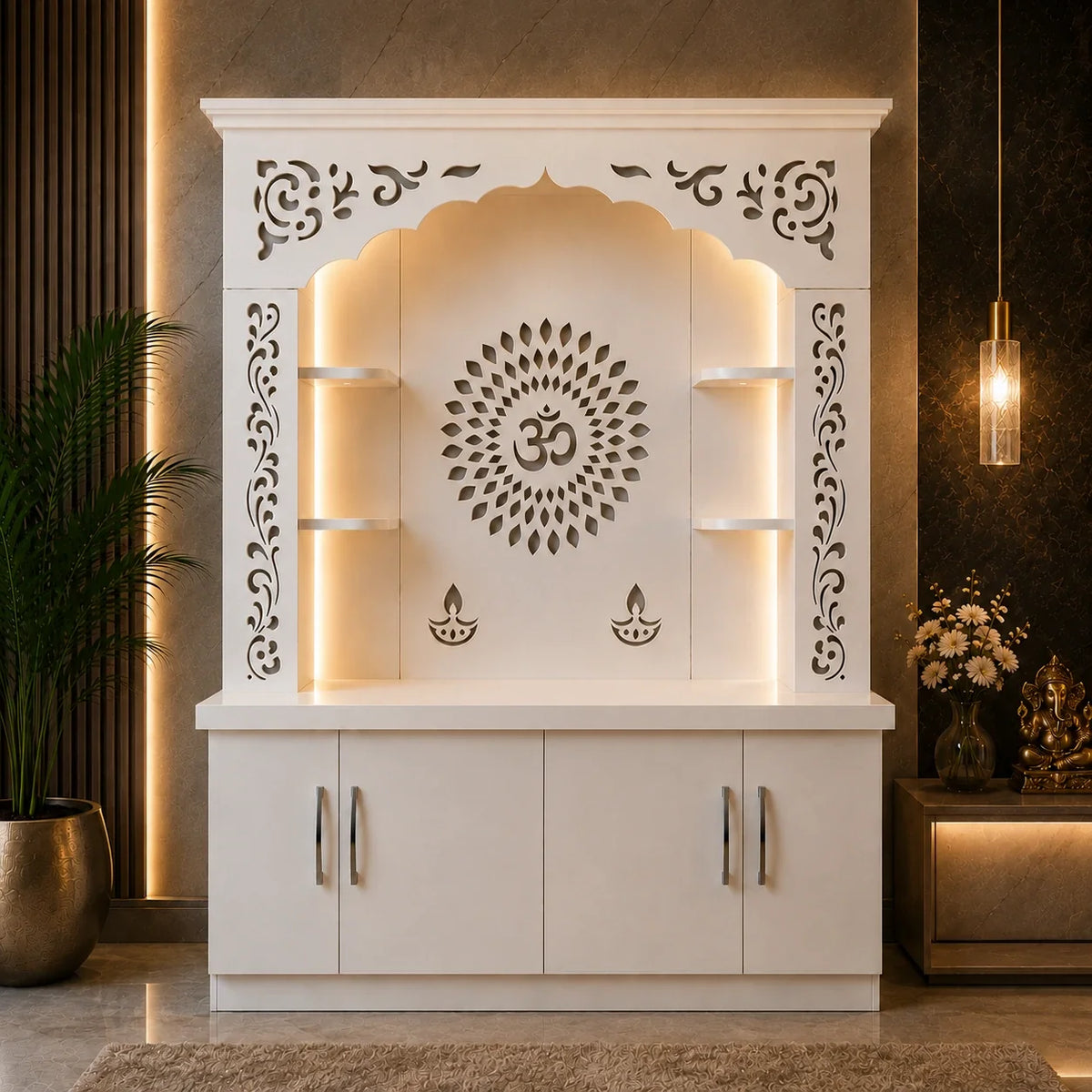 Premium White Wooden Floor Temple with Storage Space for Home