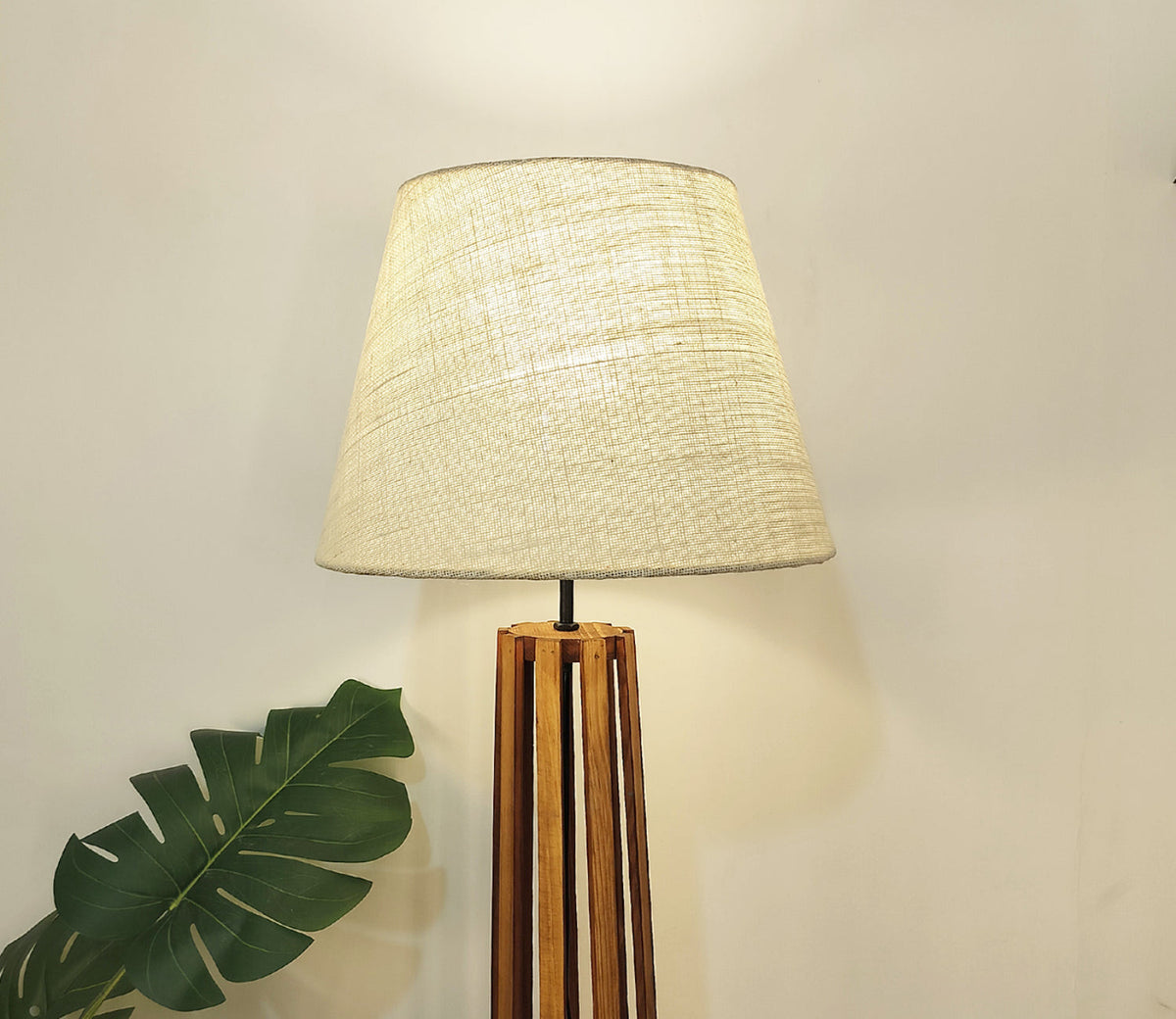 Premium Wooden Floor Lamp with Brown Base and Beige Fabric Lampshade