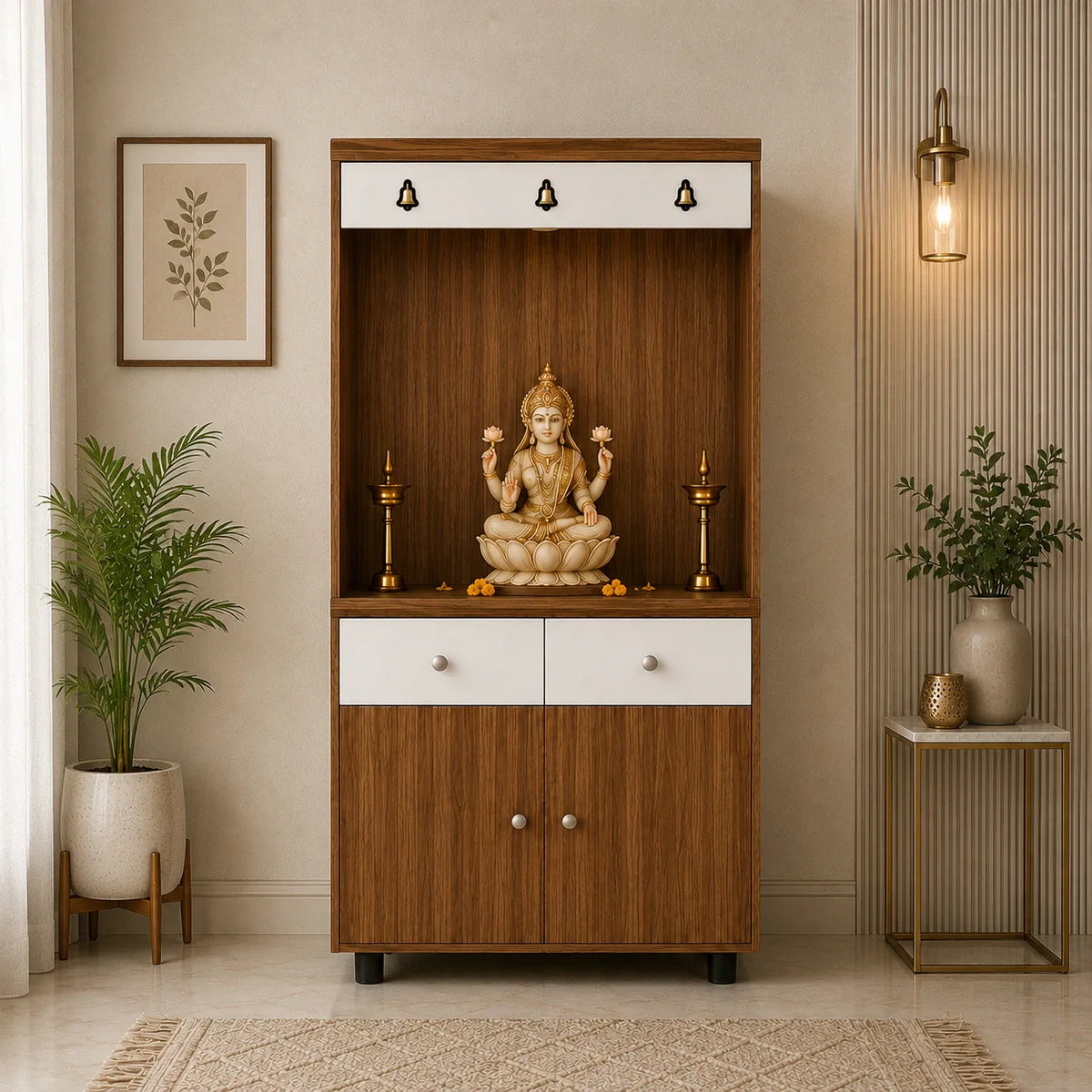 Premium Wooden Floor Temple with Spacious Drawer & Door Storage for Home & Office