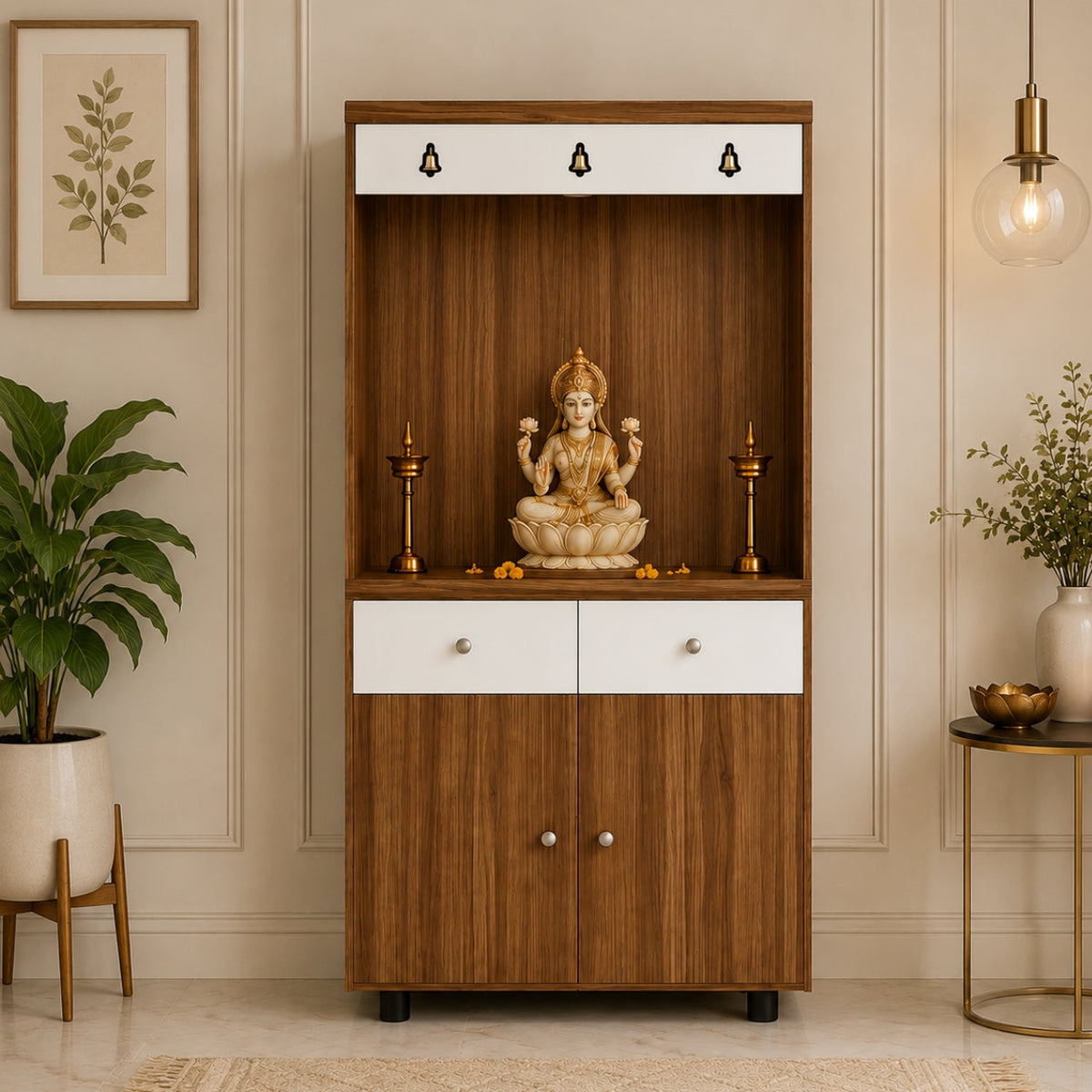Premium Wooden Floor Temple with Spacious Drawer & Door Storage for Home & Office