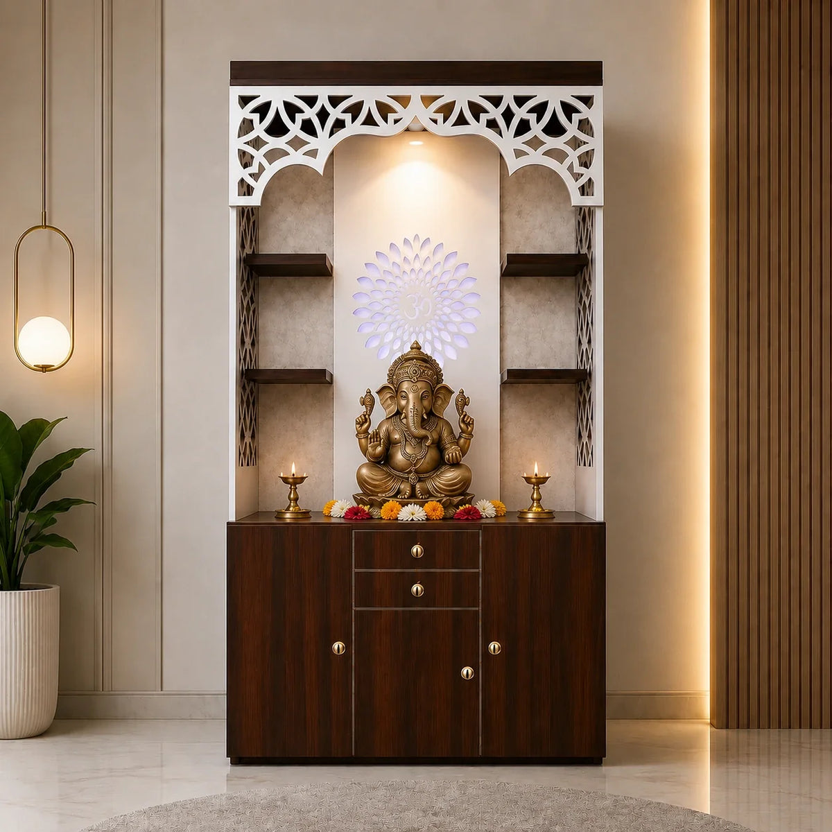 Premium Wooden Pooja Mandir with Storage Drawers and LED Light
