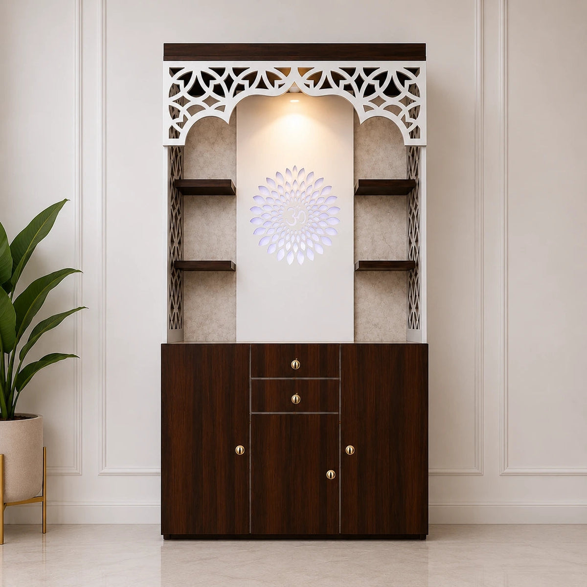 Premium Wooden Pooja Mandir with Storage Drawers and LED Light
