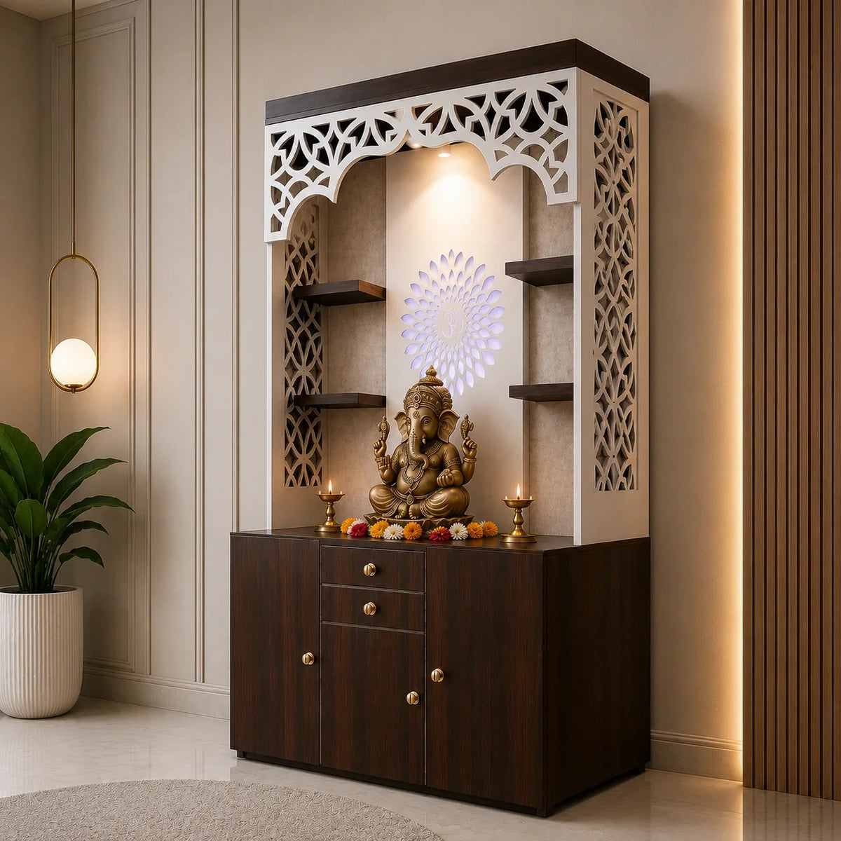 Premium Wooden Pooja Mandir with Storage Drawers and LED Light