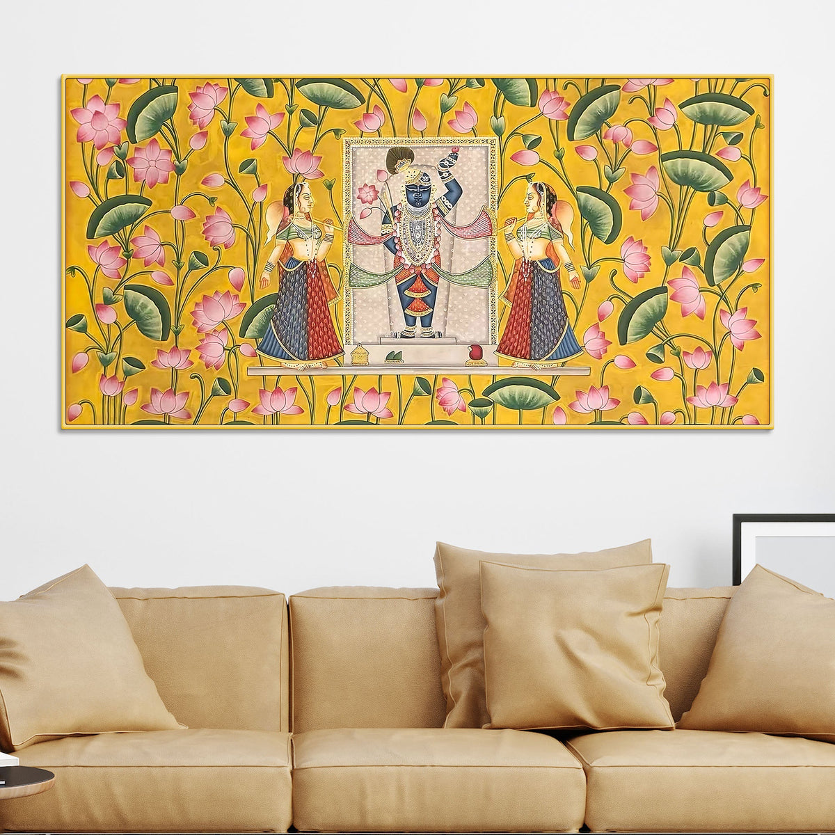 Premium Yellow Floral Themed Shreenathji Religious Canvas Pichwai Wall Painting