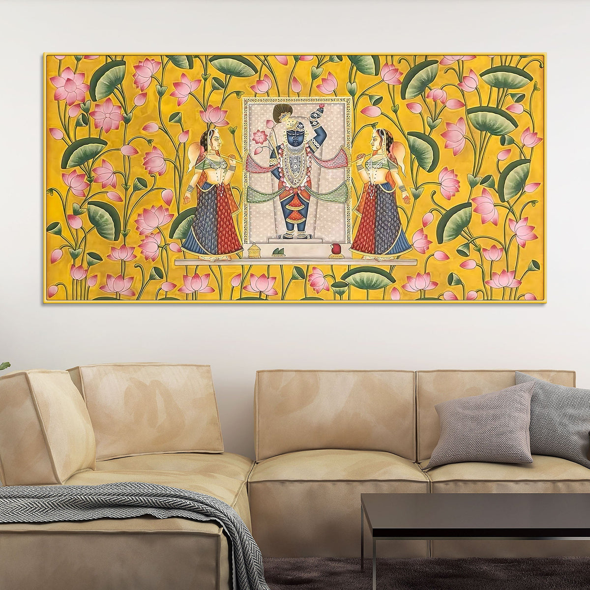 Premium Yellow Floral Themed Shreenathji Religious Canvas Pichwai Wall Painting