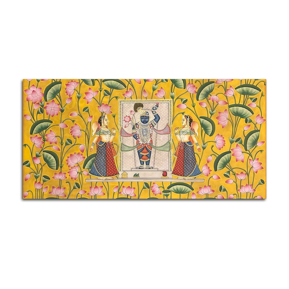 Premium Yellow Floral Themed Shreenathji Religious Canvas Pichwai Wall Painting