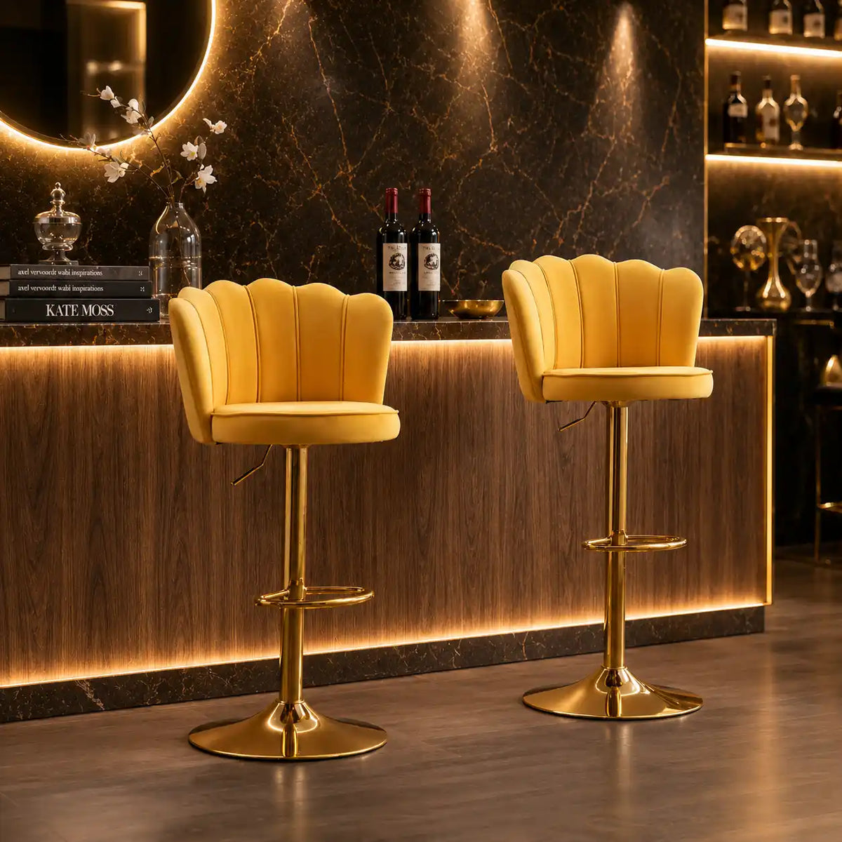 Premium Yellow Velvet Lounge Bar Stools with Glamorous Golden Frame