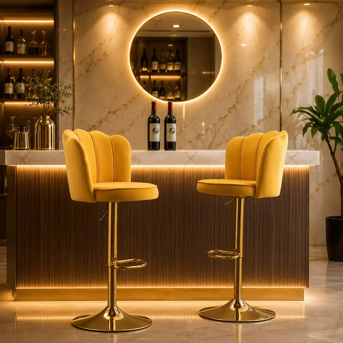 Premium Yellow Velvet Lounge Bar Stools with Glamorous Golden Frame