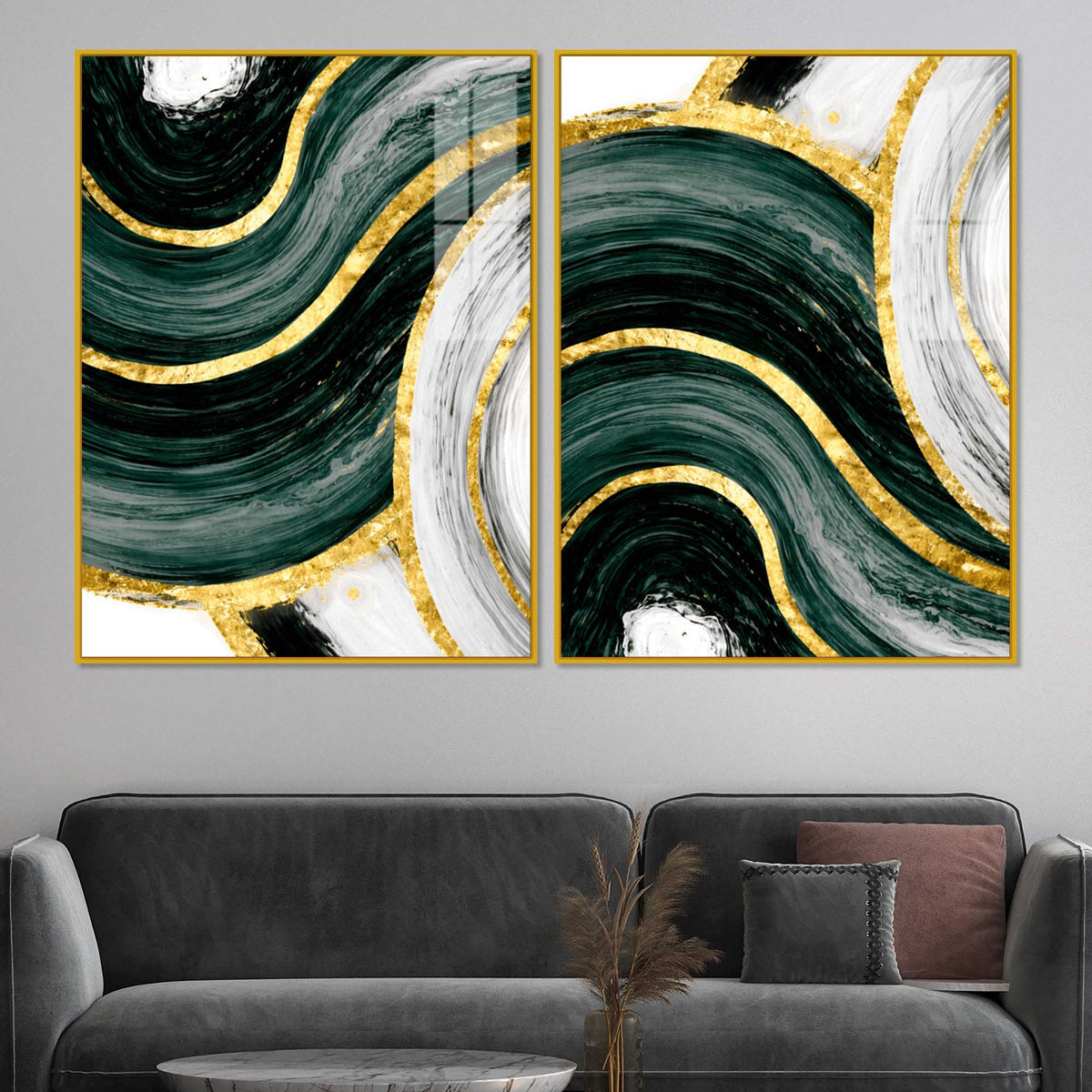 Luxury Green & Golden Waves Abstract Acrylic Floating Wall Painting Set of 2