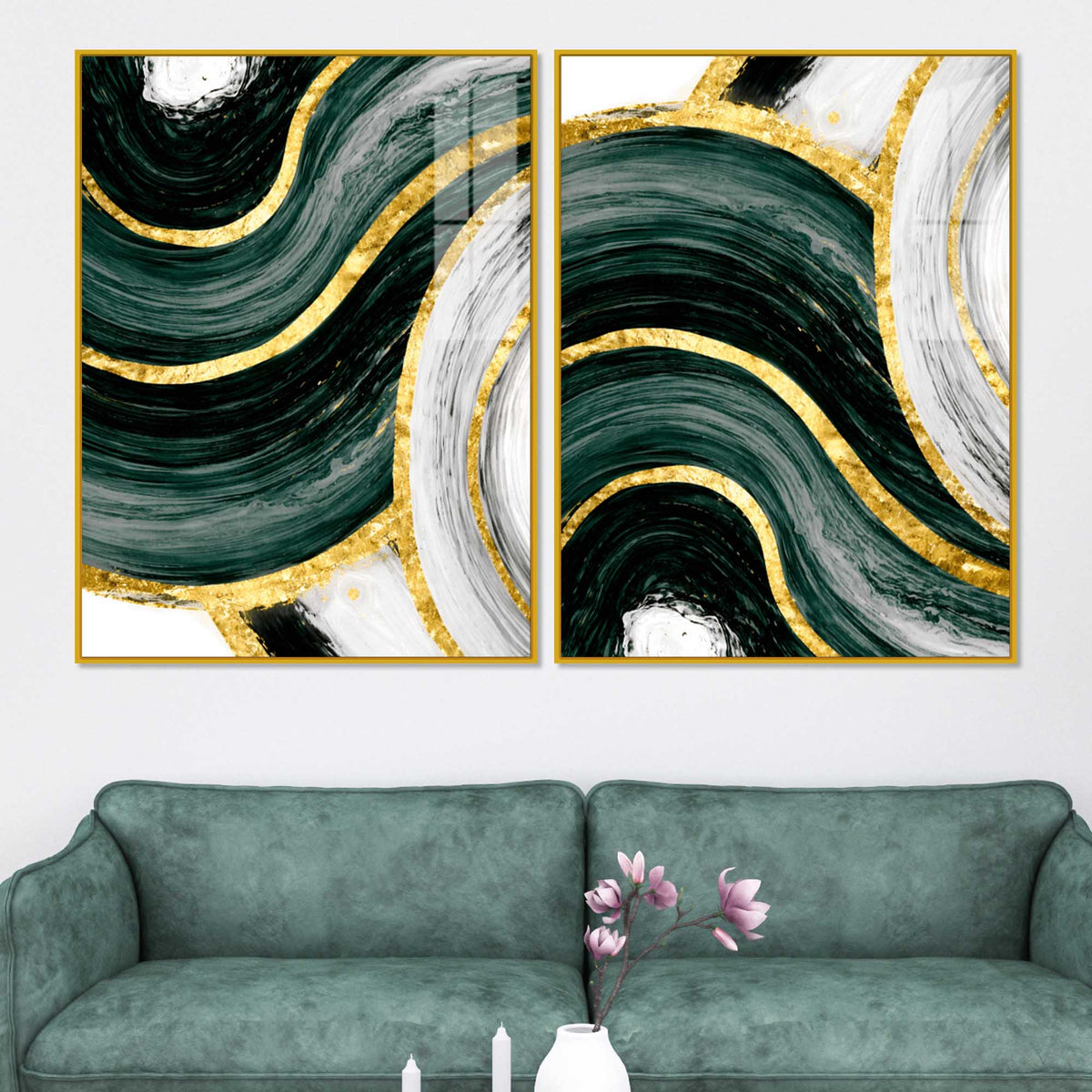 Luxury Green & Golden Waves Abstract Acrylic Floating Wall Painting Set of 2