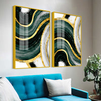 Luxury Green & Golden Waves Abstract Acrylic Floating Wall Painting Set of 2