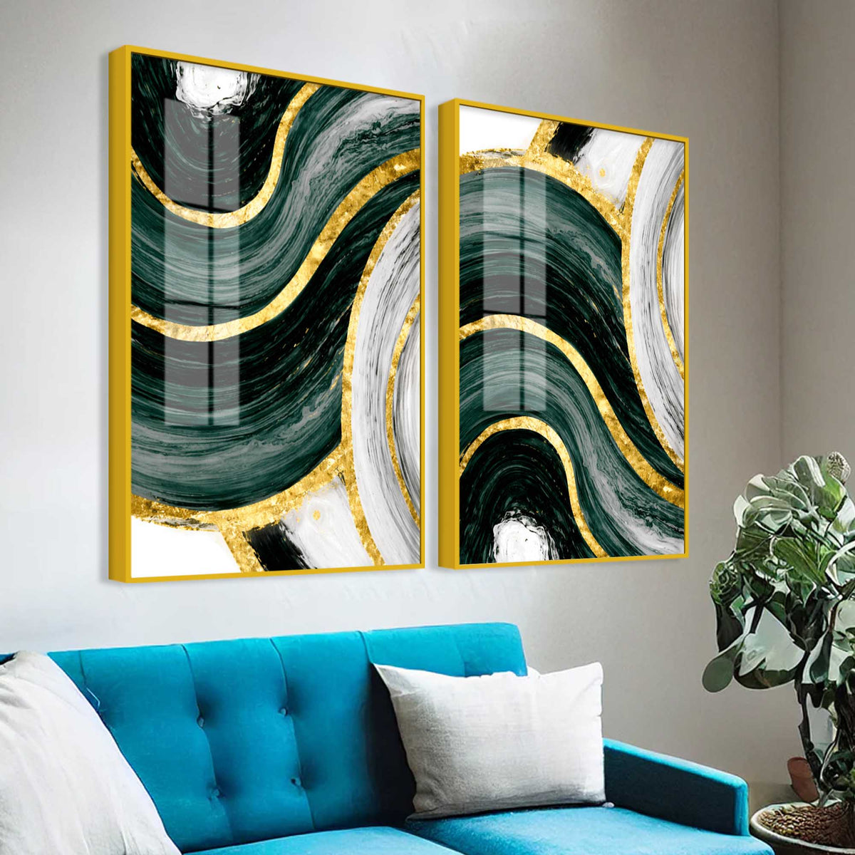Luxury Green & Golden Waves Abstract Acrylic Floating Wall Painting Set of 2