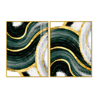 Luxury Green & Golden Waves Abstract Acrylic Floating Wall Painting Set of 2