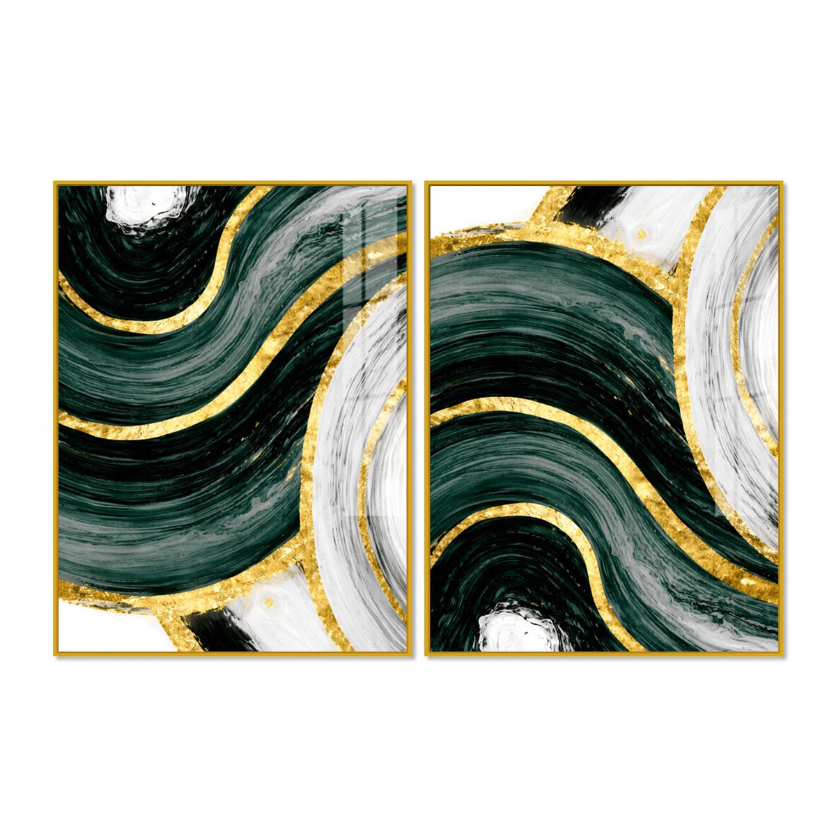 Luxury Green & Golden Waves Abstract Acrylic Floating Wall Painting Set of 2