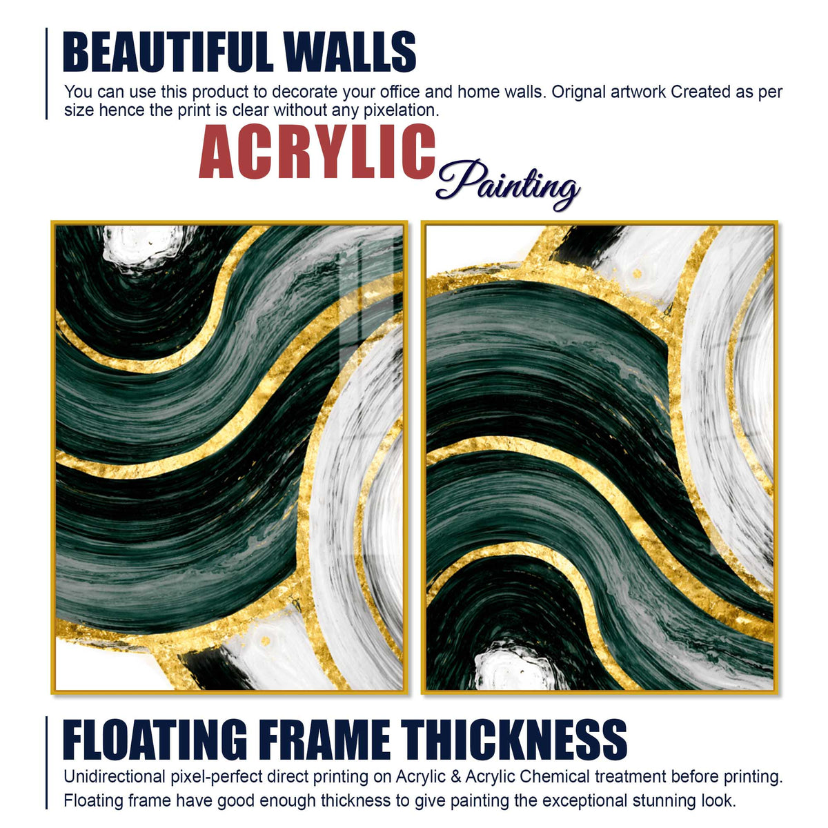 Luxury Green & Golden Waves Abstract Acrylic Floating Wall Painting Set of 2