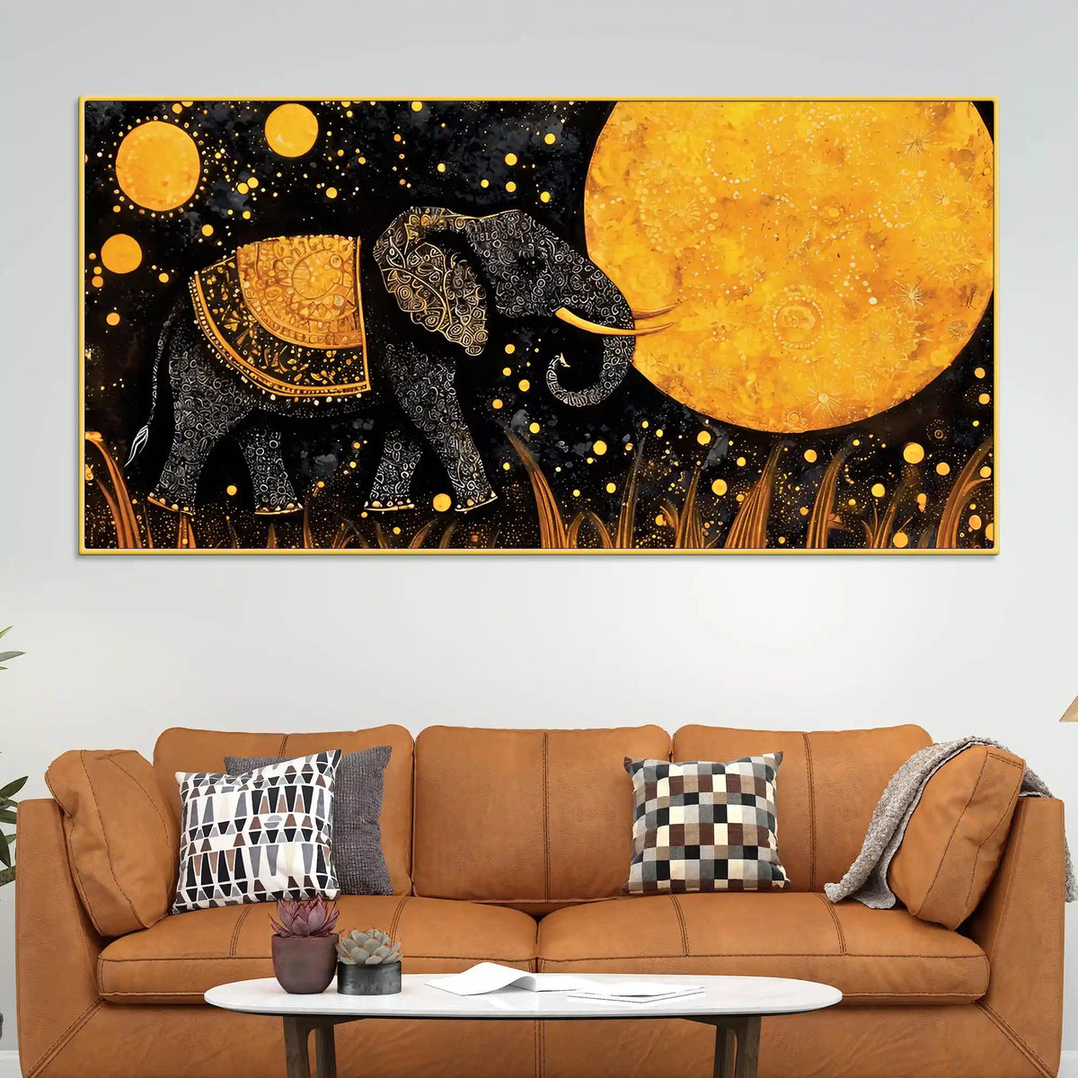 Psychedelic Black Elephant Walking Under Golden Full Moon Canvas Wall Painting
