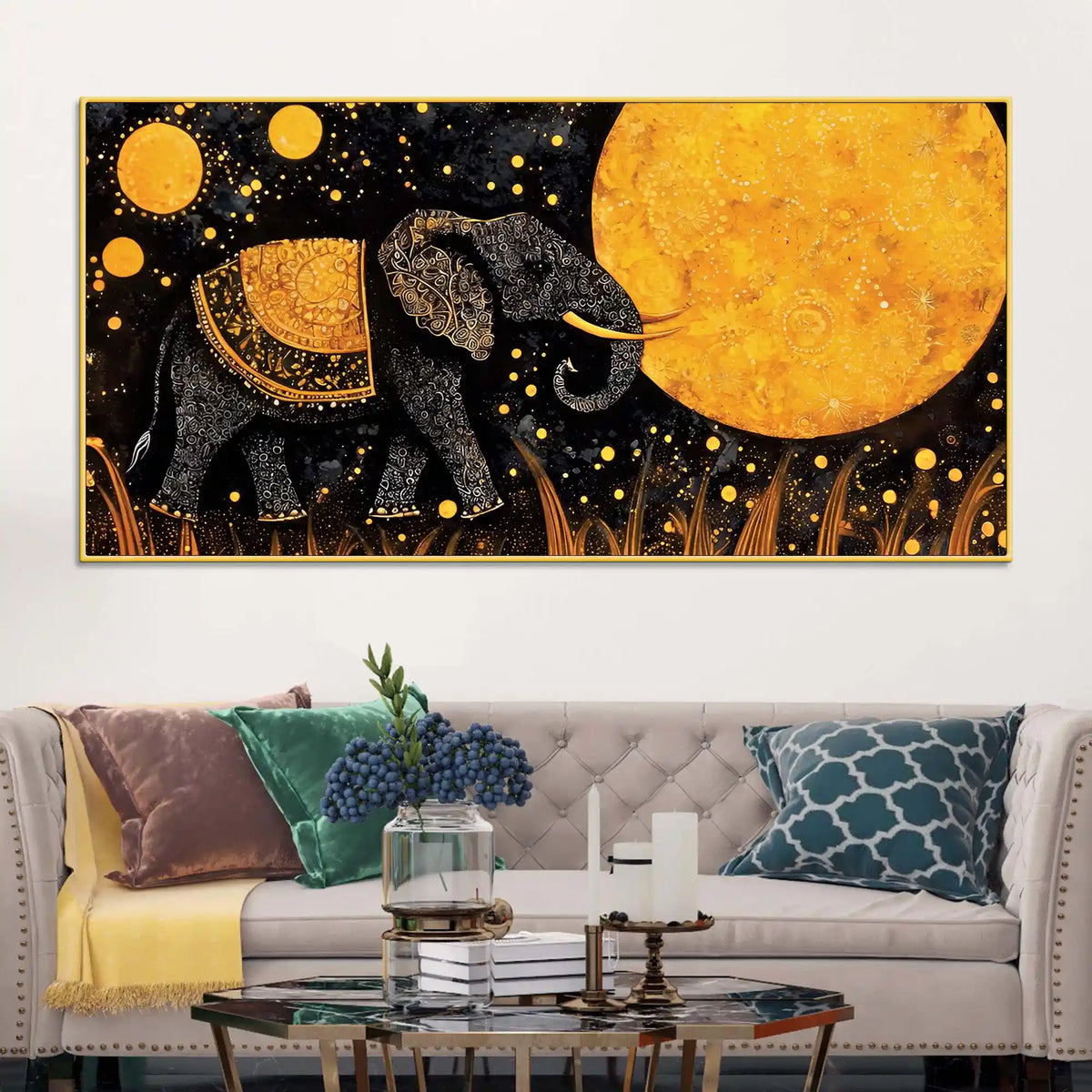 Psychedelic Black Elephant Walking Under Golden Full Moon Canvas Wall Painting