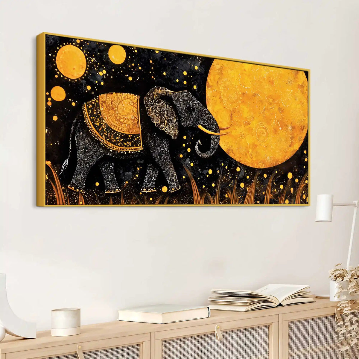 Psychedelic Black Elephant Walking Under Golden Full Moon Canvas Wall Painting