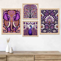 Purple Elephant & Peacock Floral Art Wall Frame Set of Four