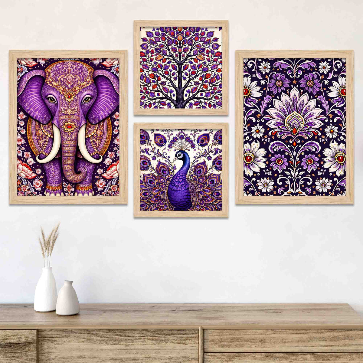 Purple Elephant & Peacock Floral Art Wall Frame Set of Four