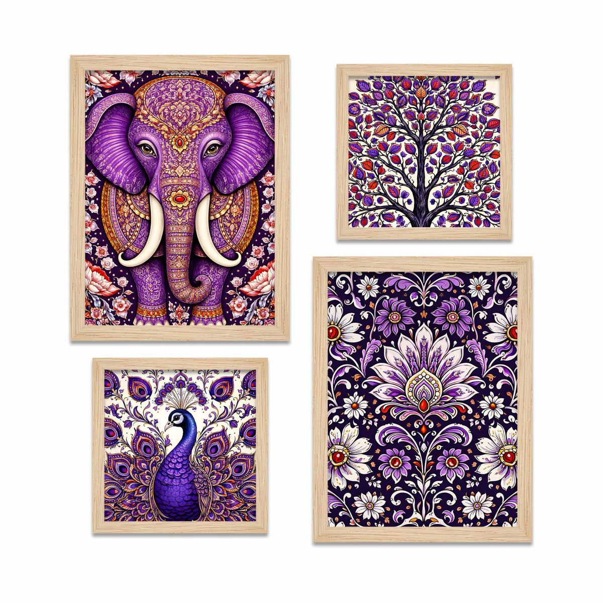 Purple Elephant & Peacock Floral Art Wall Frame Set of Four