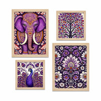 Purple Elephant & Peacock Floral Art Wall Frame Set of Four