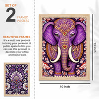 Purple Elephant & Peacock Floral Art Wall Frame Set of Four