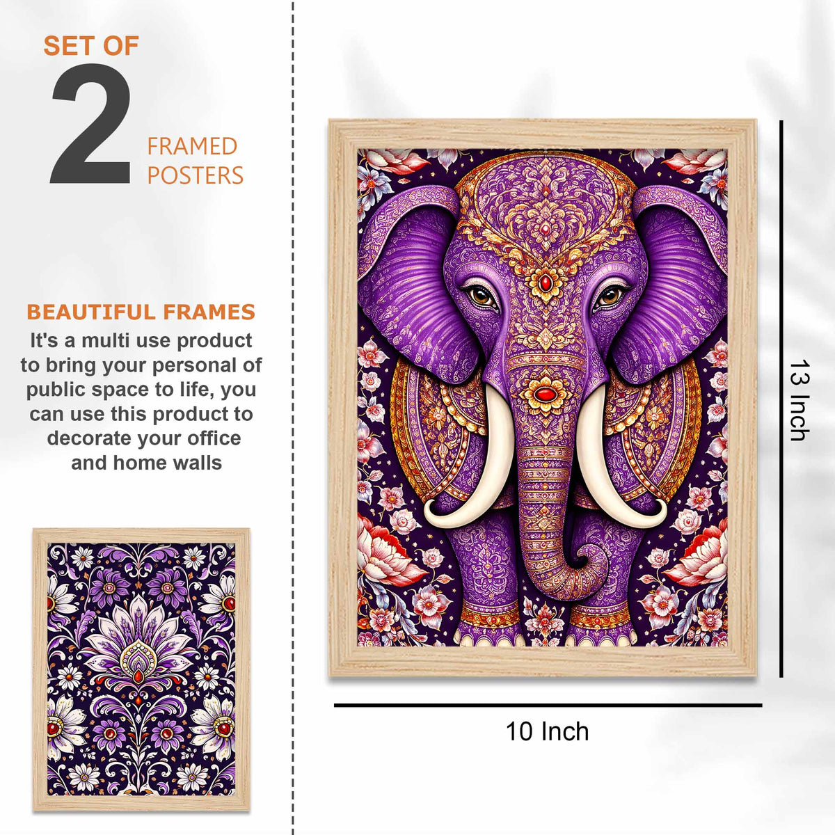 Purple Elephant & Peacock Floral Art Wall Frame Set of Four