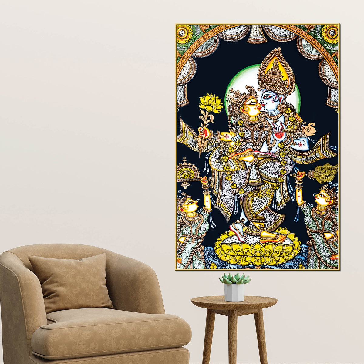 Radha Krishna Devotional Canvas Painting | Indian Religious Wall Art